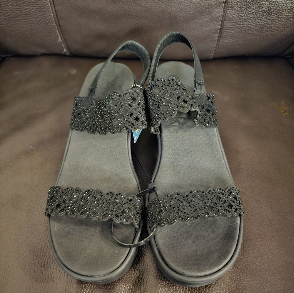 Skechers Cali Luxe Foam Women Sandals Black Jeweled Wedge Size 11 (New)